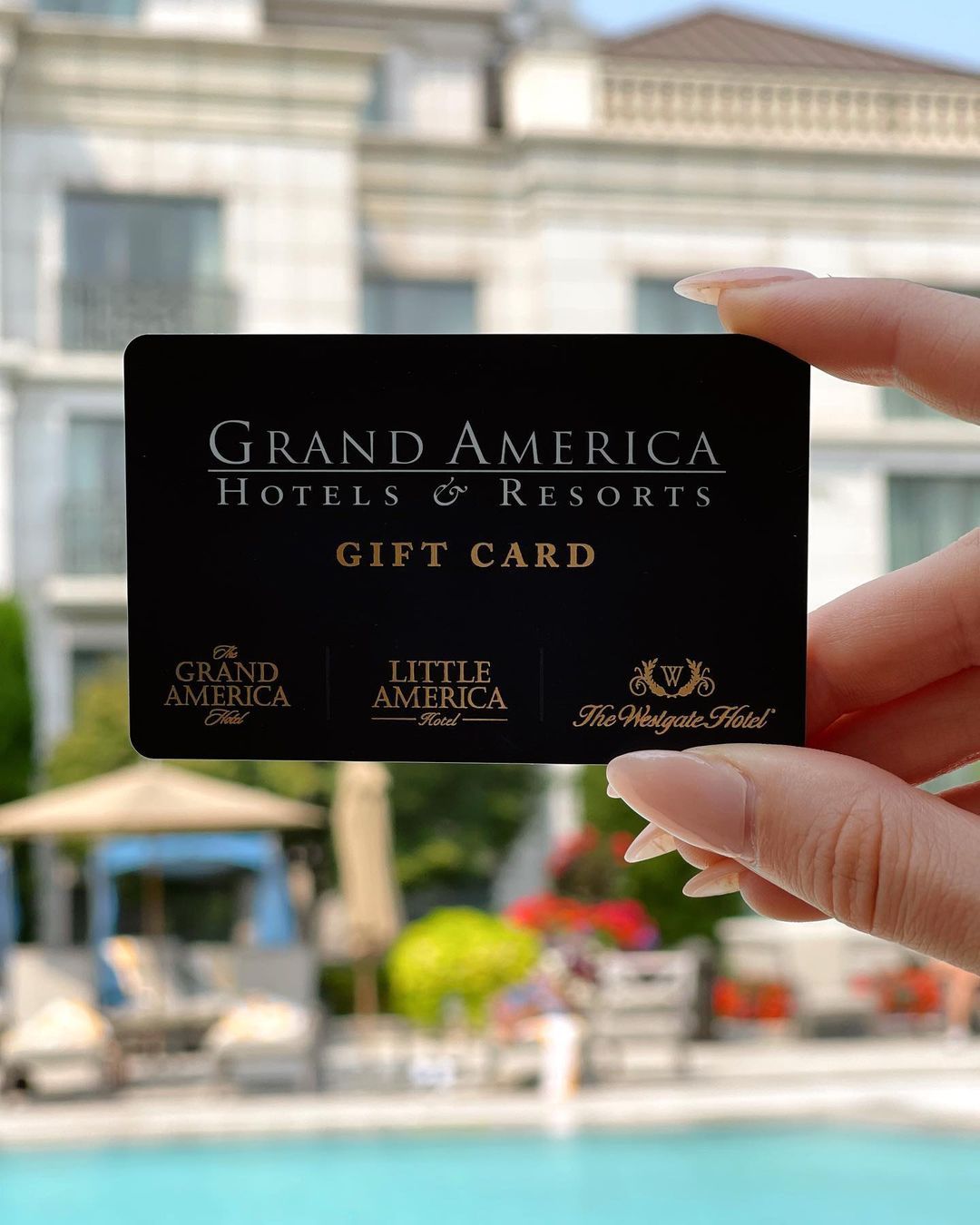 Hand holding gift card in front of the pool
