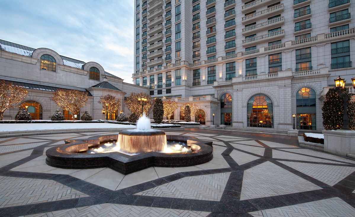 View of The Grand America Hotel courtyard with a water fountain