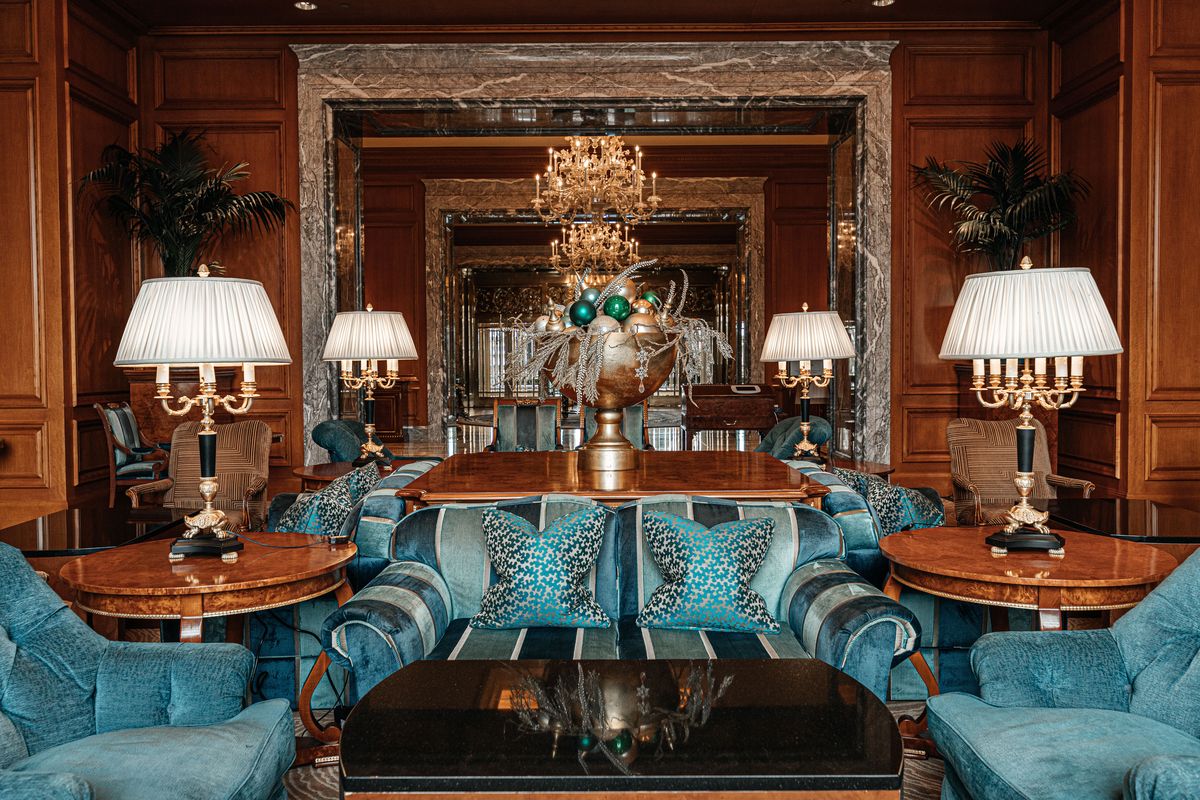 Tea service area decorated for the holidays