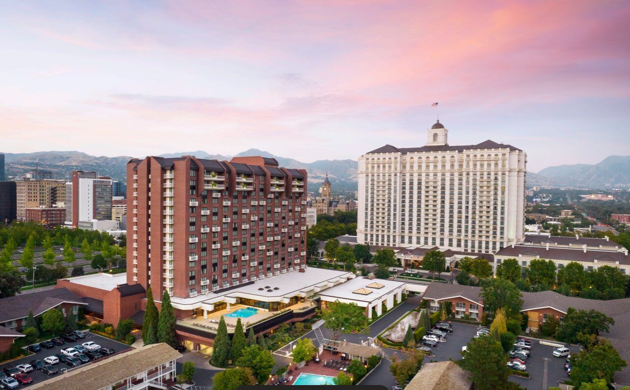 Exterior drone photo of Grand America and Little America in Salt Lake City